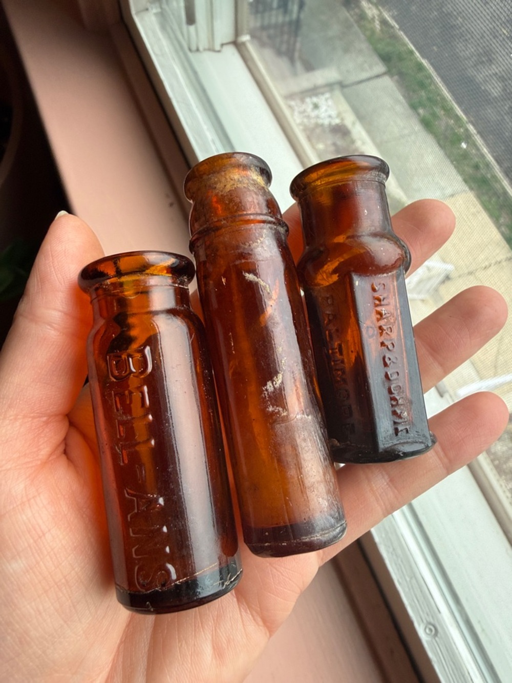 Antique Amber Glass Pharmacy Medicine Apothecary mini bottles some embossed